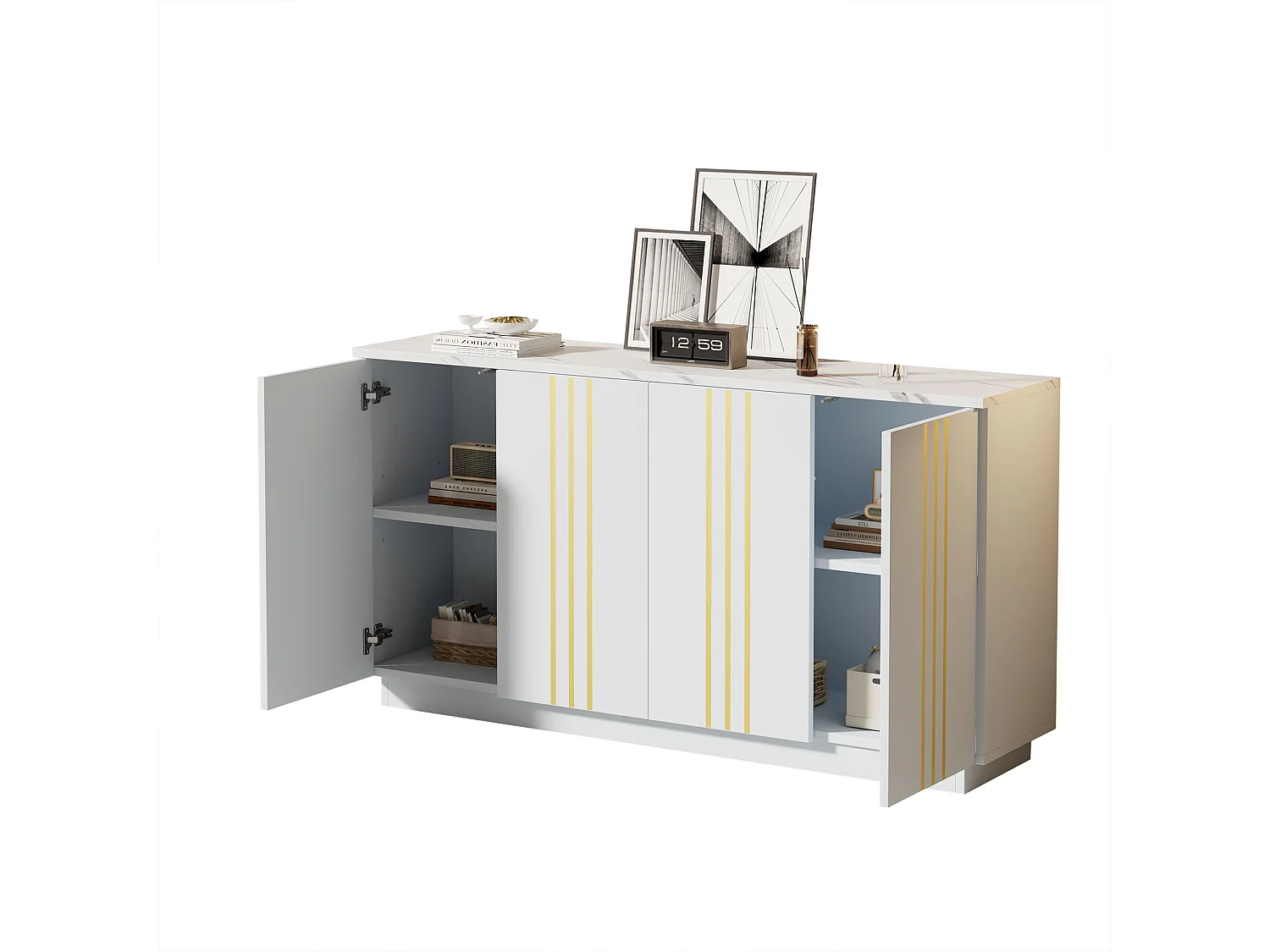 Modernes Wohnzimmer-Sideboard – 140 x 35 x 70 cm – mit 4 Türen – Design mit goldenen Linien verziert – Spanplatte – weiß