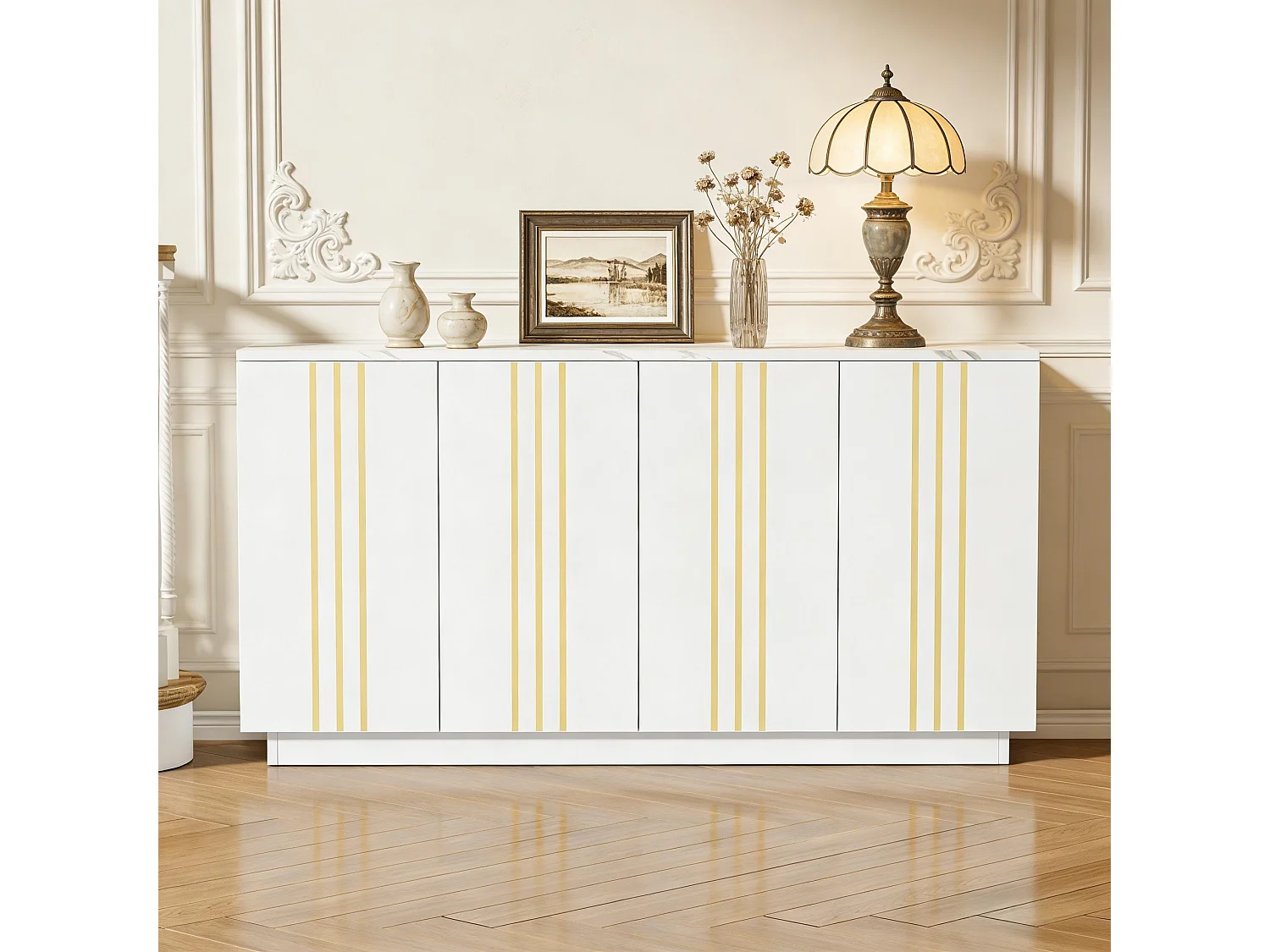 Modernes Wohnzimmer-Sideboard – 140 x 35 x 70 cm – mit 4 Türen – Design mit goldenen Linien verziert – Spanplatte – weiß