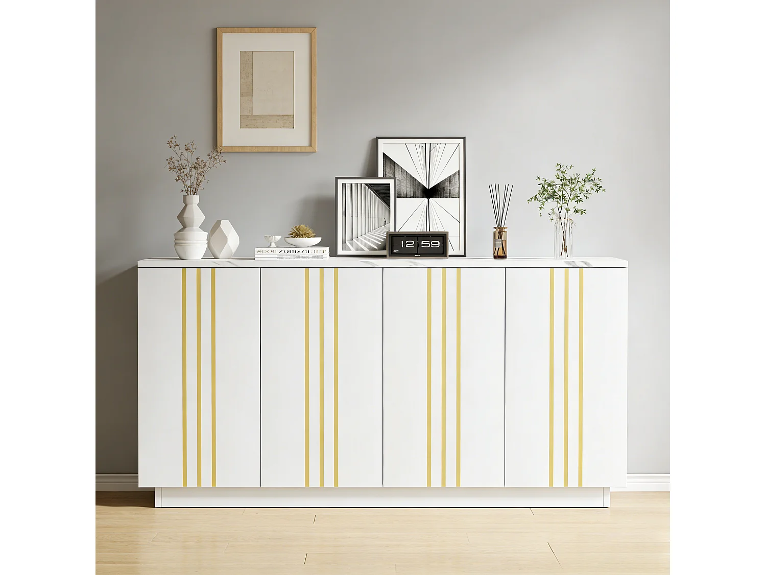 Modernes Wohnzimmer-Sideboard – 140 x 35 x 70 cm – mit 4 Türen – Design mit goldenen Linien verziert – Spanplatte – weiß