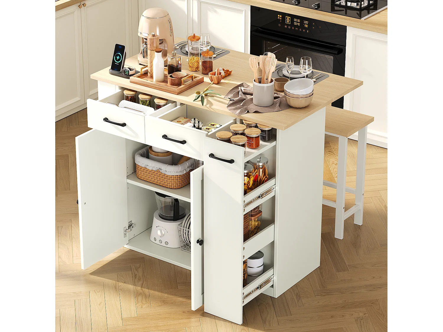Isola cucina allungabile - 120 x 45/75 x 96 cm - con ripiani + cassetti + ante + 2 sedie - truciolato - bianca