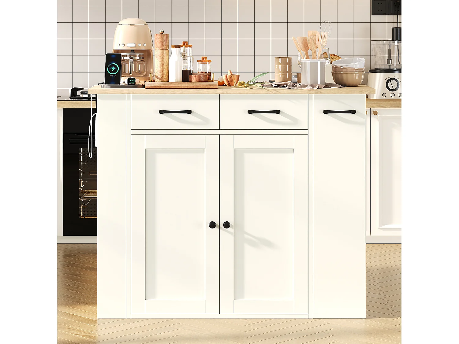 Isola cucina allungabile - 120 x 45/75 x 96 cm - con ripiani + cassetti + ante + 2 sedie - truciolato - bianca