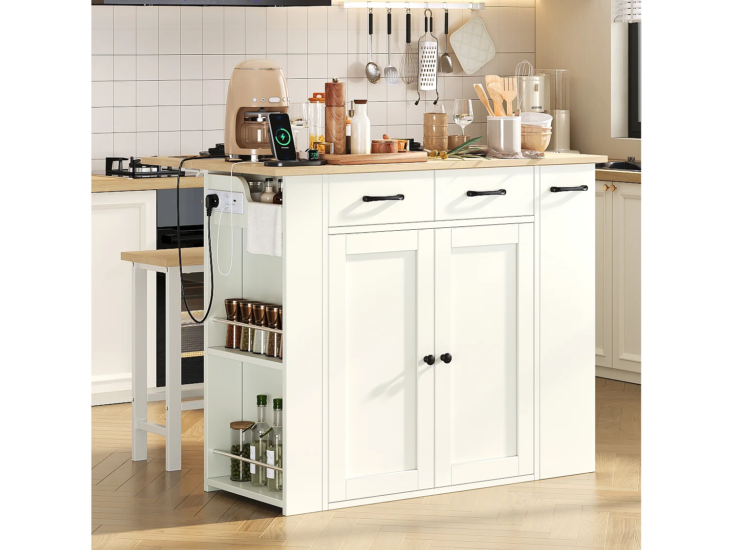 Isola cucina allungabile - 120 x 45/75 x 96 cm - con ripiani + cassetti + ante + 2 sedie - truciolato - bianca