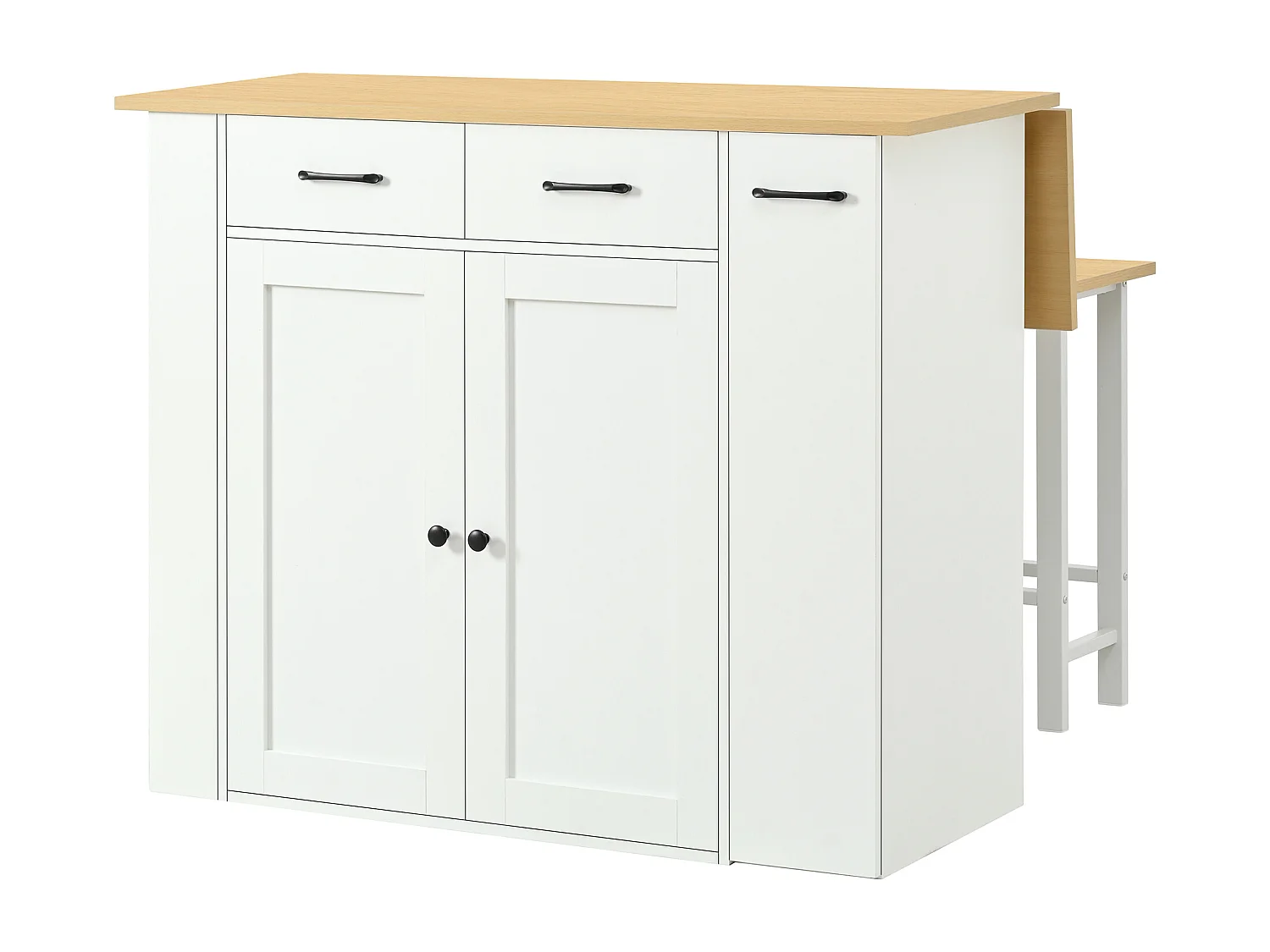 Isola cucina allungabile - 120 x 45/75 x 96 cm - con ripiani + cassetti + ante + 2 sedie - truciolato - bianca