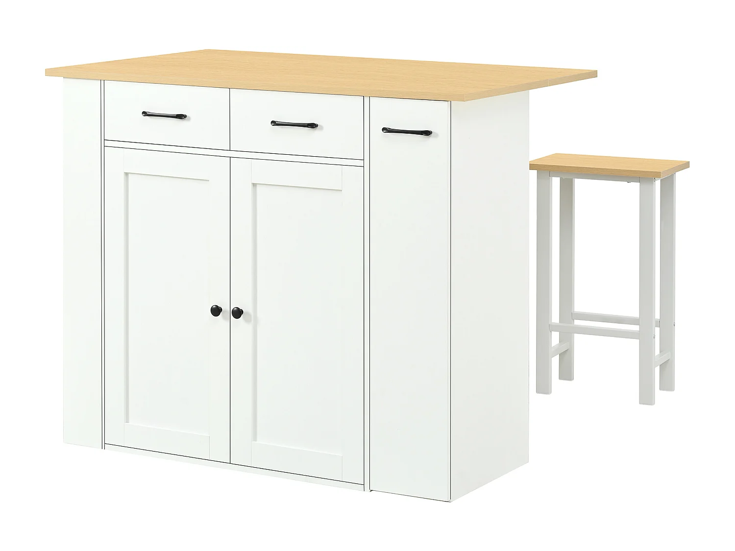 Isola cucina allungabile - 120 x 45/75 x 96 cm - con ripiani + cassetti + ante + 2 sedie - truciolato - bianca
