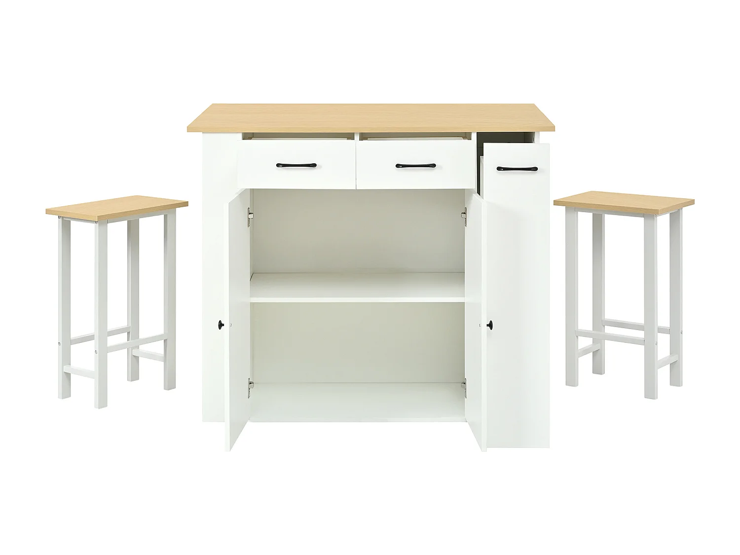 Isola cucina allungabile - 120 x 45/75 x 96 cm - con ripiani + cassetti + ante + 2 sedie - truciolato - bianca