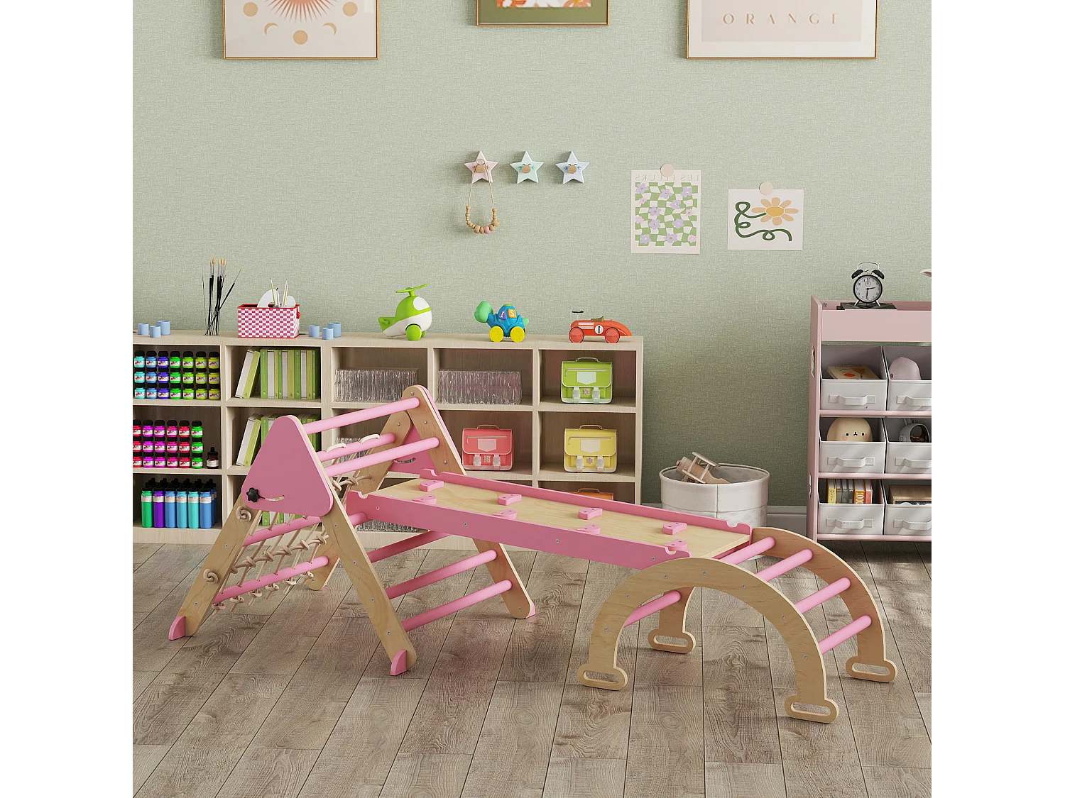 Triangle d'escalade enfant pliable 8 en 1 - aire de jeu enfant - bois rose