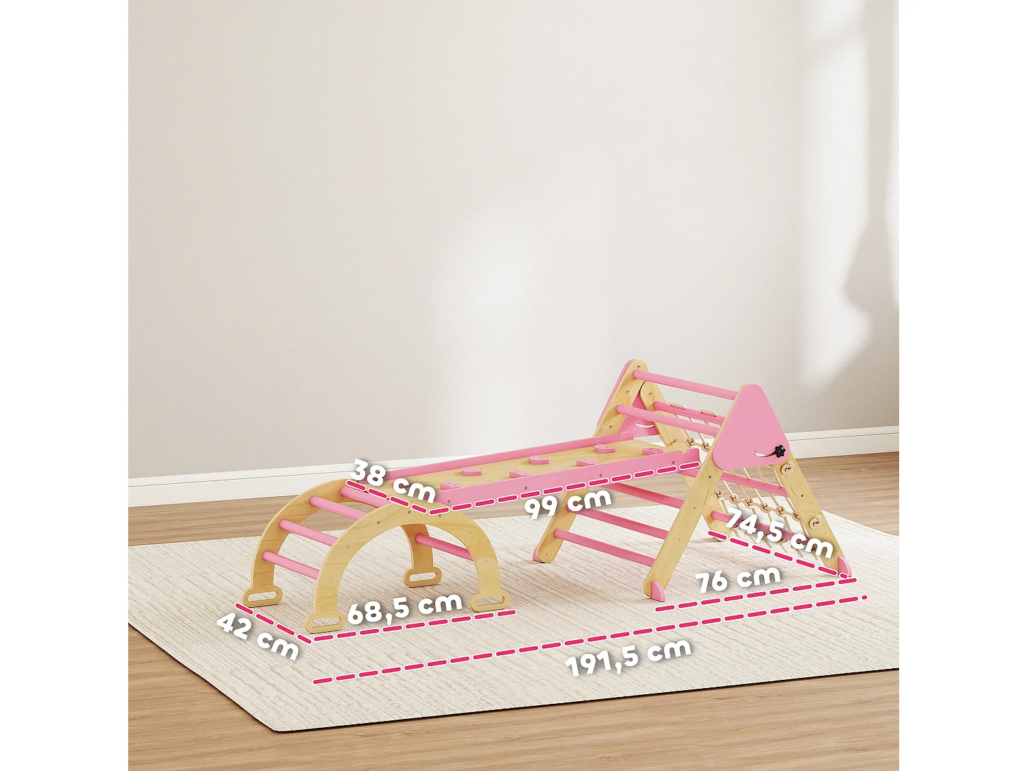 Triangle d'escalade enfant pliable 8 en 1 - aire de jeu enfant - bois rose