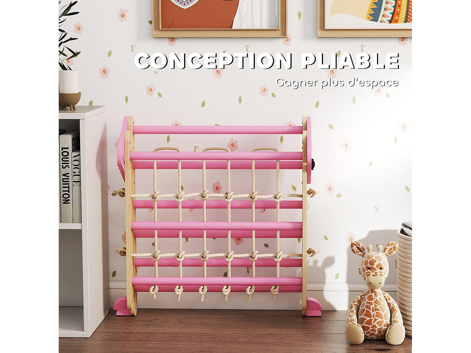 Triangle d'escalade enfant pliable 8 en 1 - aire de jeu enfant - bois rose