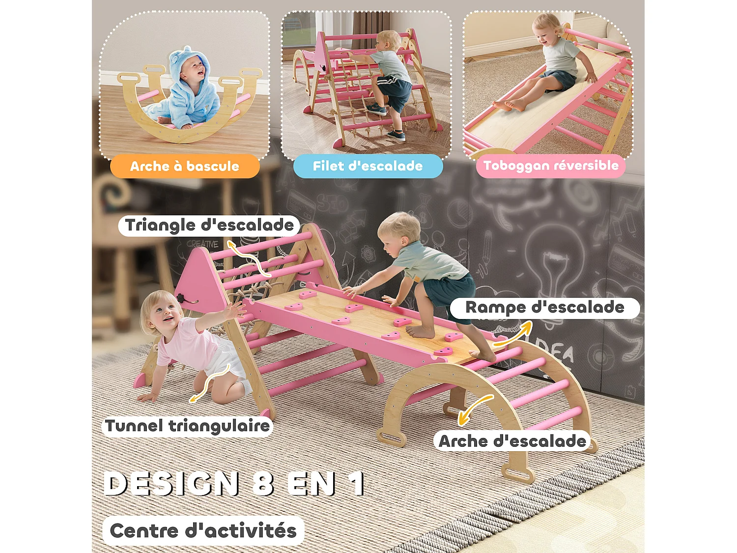 Triangle d'escalade enfant pliable 8 en 1 - aire de jeu enfant - bois rose