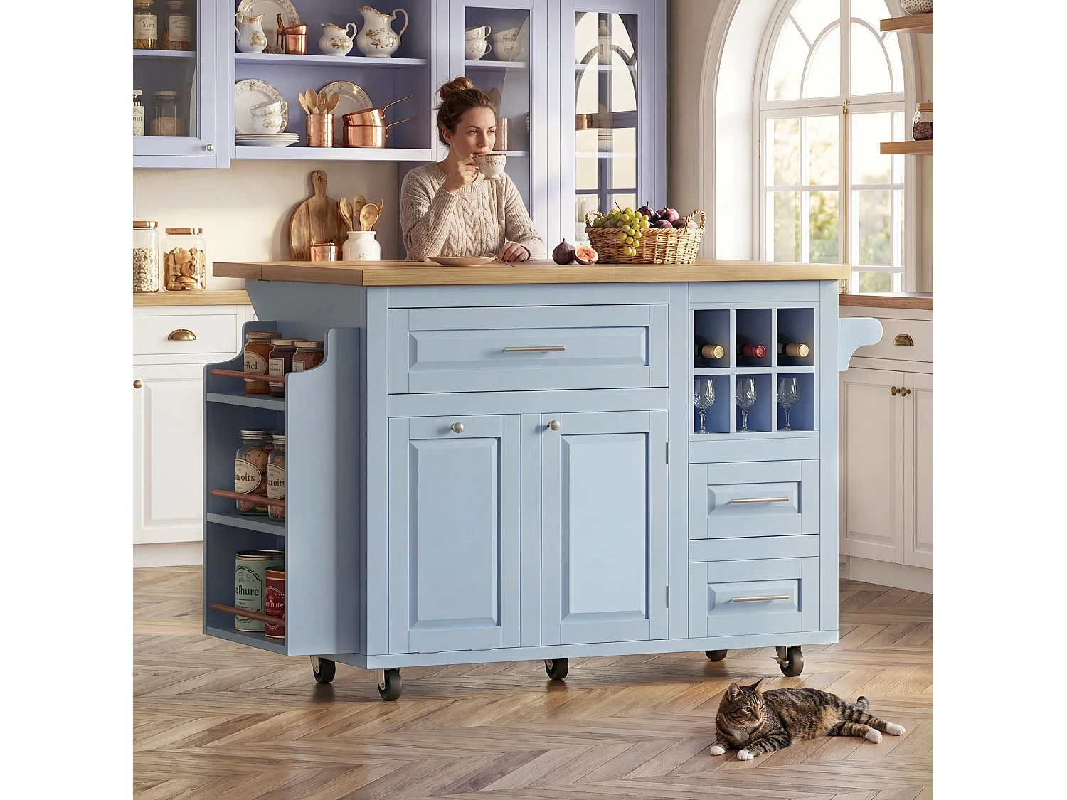 Îlot central ergonomique - 143 x 45/75 x 91 cm - avec tiroirs + étagère + espace poubelle + portes - MDF - bleu