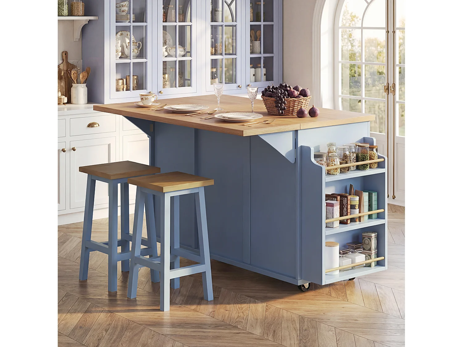 Îlot central ergonomique - 143 x 45/75 x 91 cm - avec tiroirs + étagère + espace poubelle + portes - MDF - bleu