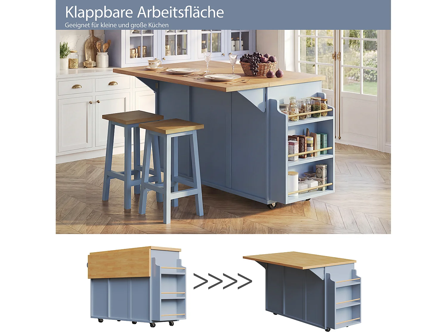 Îlot central ergonomique - 143 x 45/75 x 91 cm - avec tiroirs + étagère + espace poubelle + portes - MDF - bleu