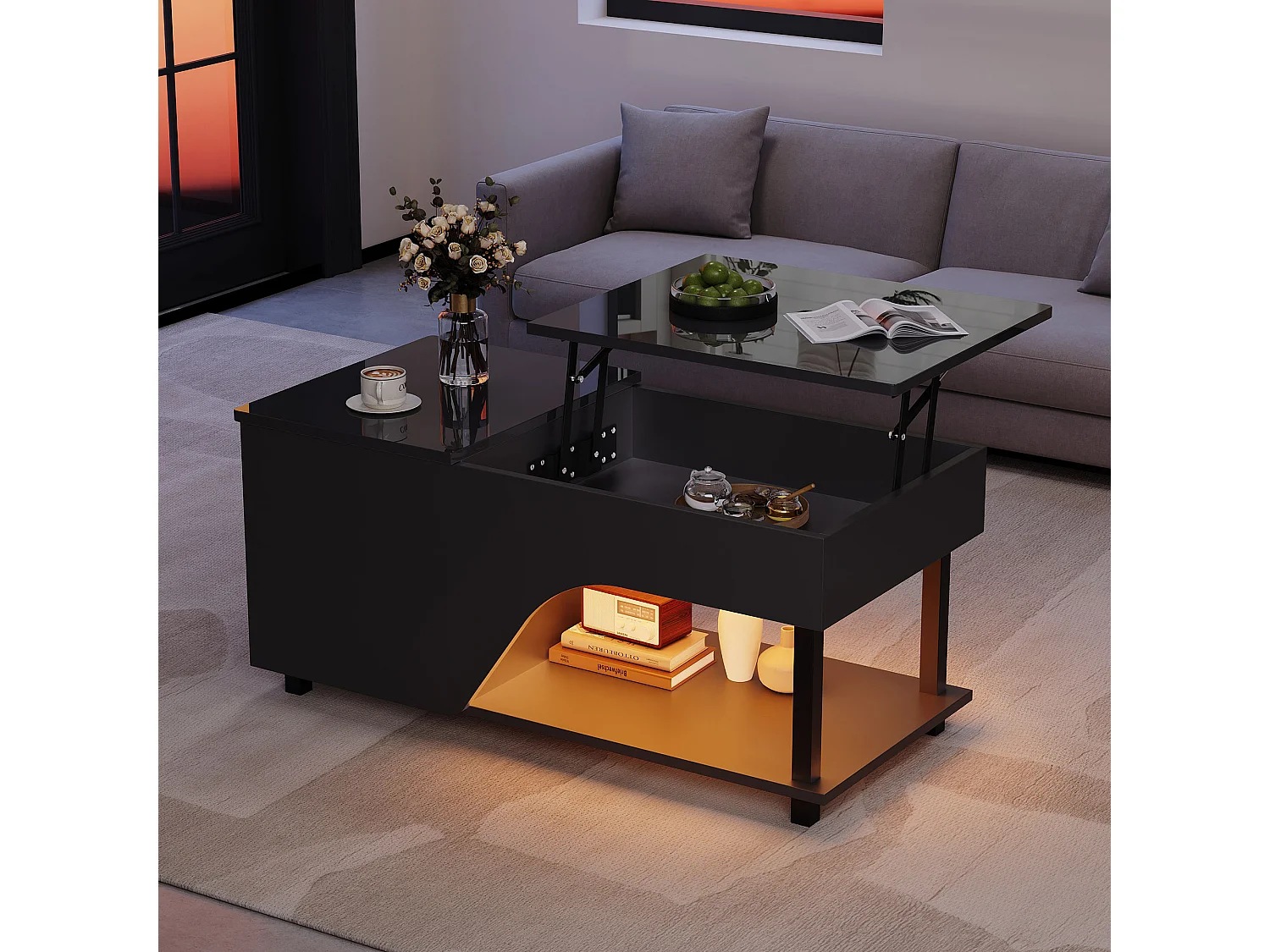 Hochglanzlackierter Couchtisch mit Hubfunktion – 100 x 50 x 46 cm – mit verdecktem Stauraum, LED-Beleuchtung und Ablage – Spanplatte – schwarz