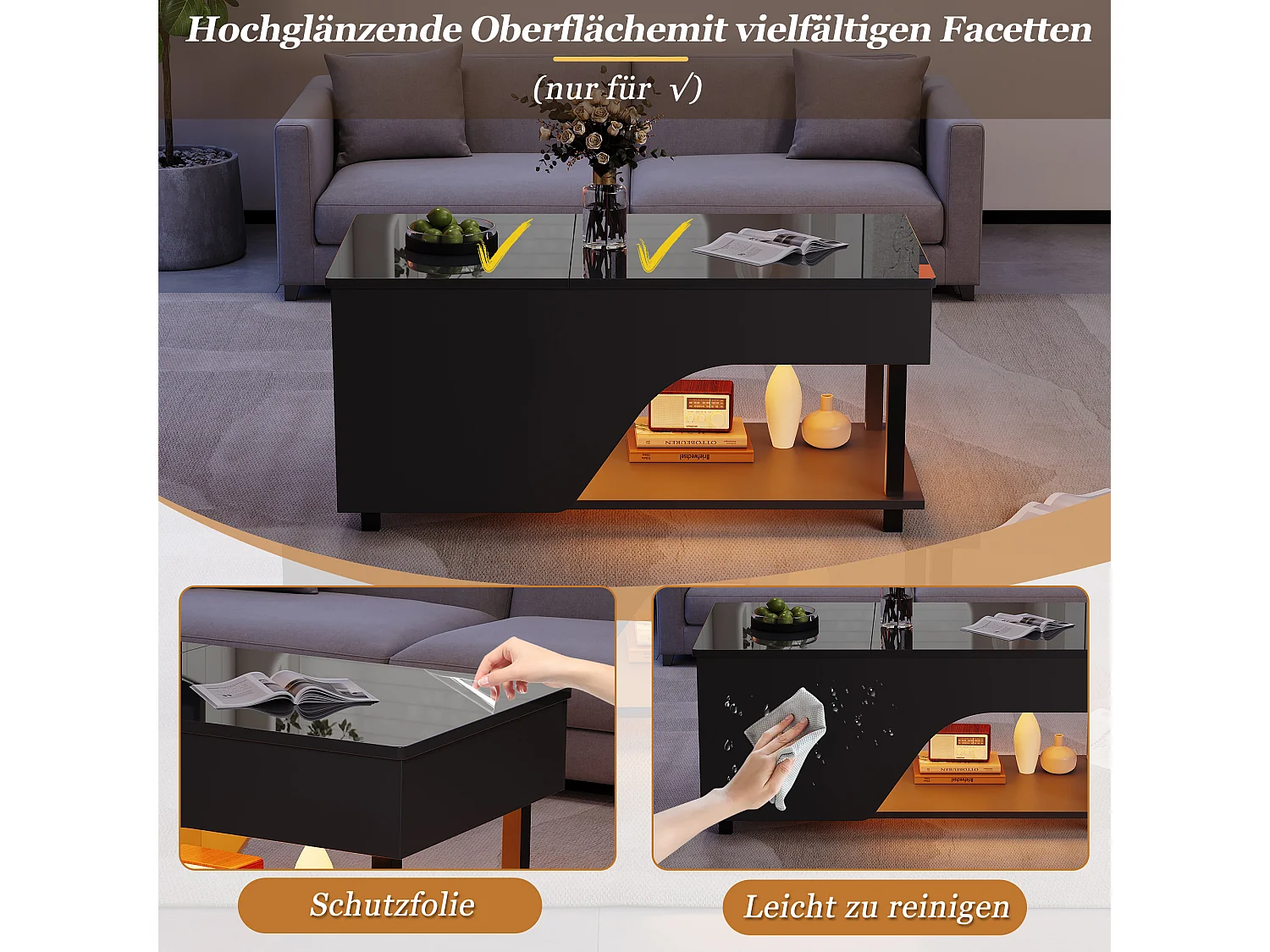 Hochglanzlackierter Couchtisch mit Hubfunktion – 100 x 50 x 46 cm – mit verdecktem Stauraum, LED-Beleuchtung und Ablage – Spanplatte – schwarz
