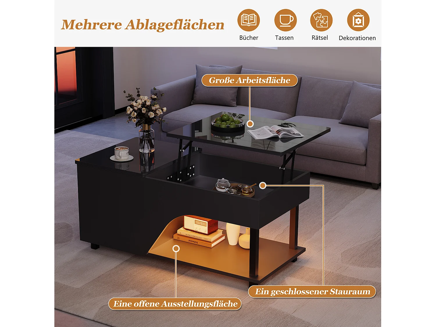 Hochglanzlackierter Couchtisch mit Hubfunktion – 100 x 50 x 46 cm – mit verdecktem Stauraum, LED-Beleuchtung und Ablage – Spanplatte – schwarz