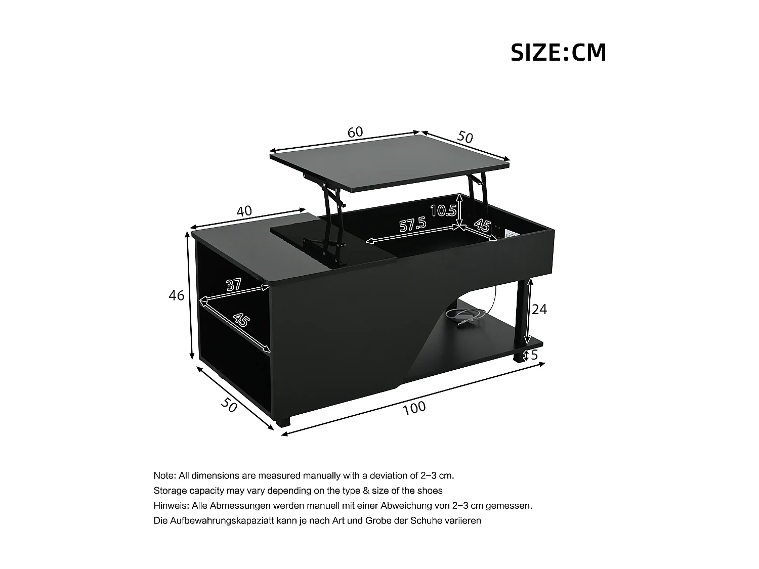 Hochglanzlackierter Couchtisch mit Hubfunktion – 100 x 50 x 46 cm – mit verdecktem Stauraum, LED-Beleuchtung und Ablage – Spanplatte – schwarz