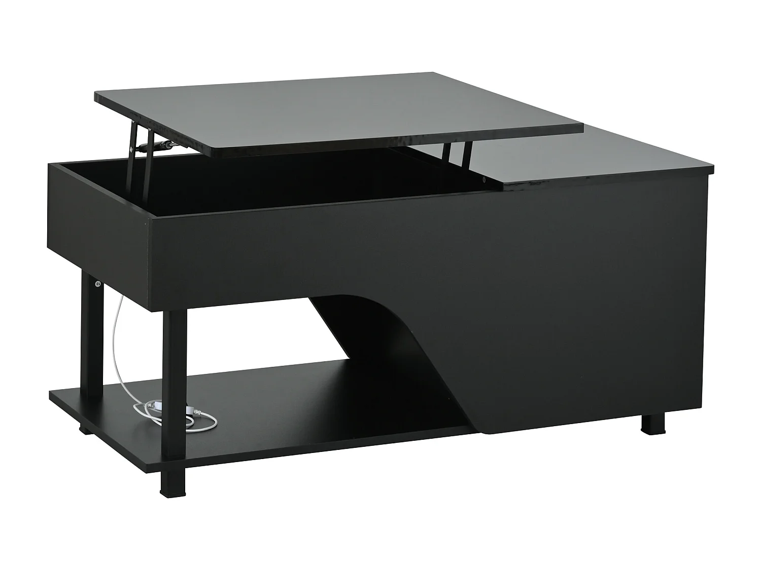 Hochglanzlackierter Couchtisch mit Hubfunktion – 100 x 50 x 46 cm – mit verdecktem Stauraum, LED-Beleuchtung und Ablage – Spanplatte – schwarz