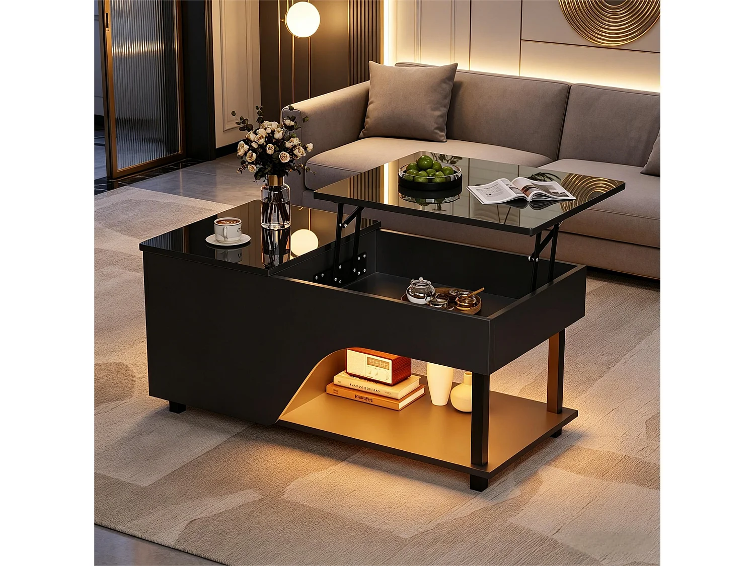 Hochglanzlackierter Couchtisch mit Hubfunktion – 100 x 50 x 46 cm – mit verdecktem Stauraum, LED-Beleuchtung und Ablage – Spanplatte – schwarz