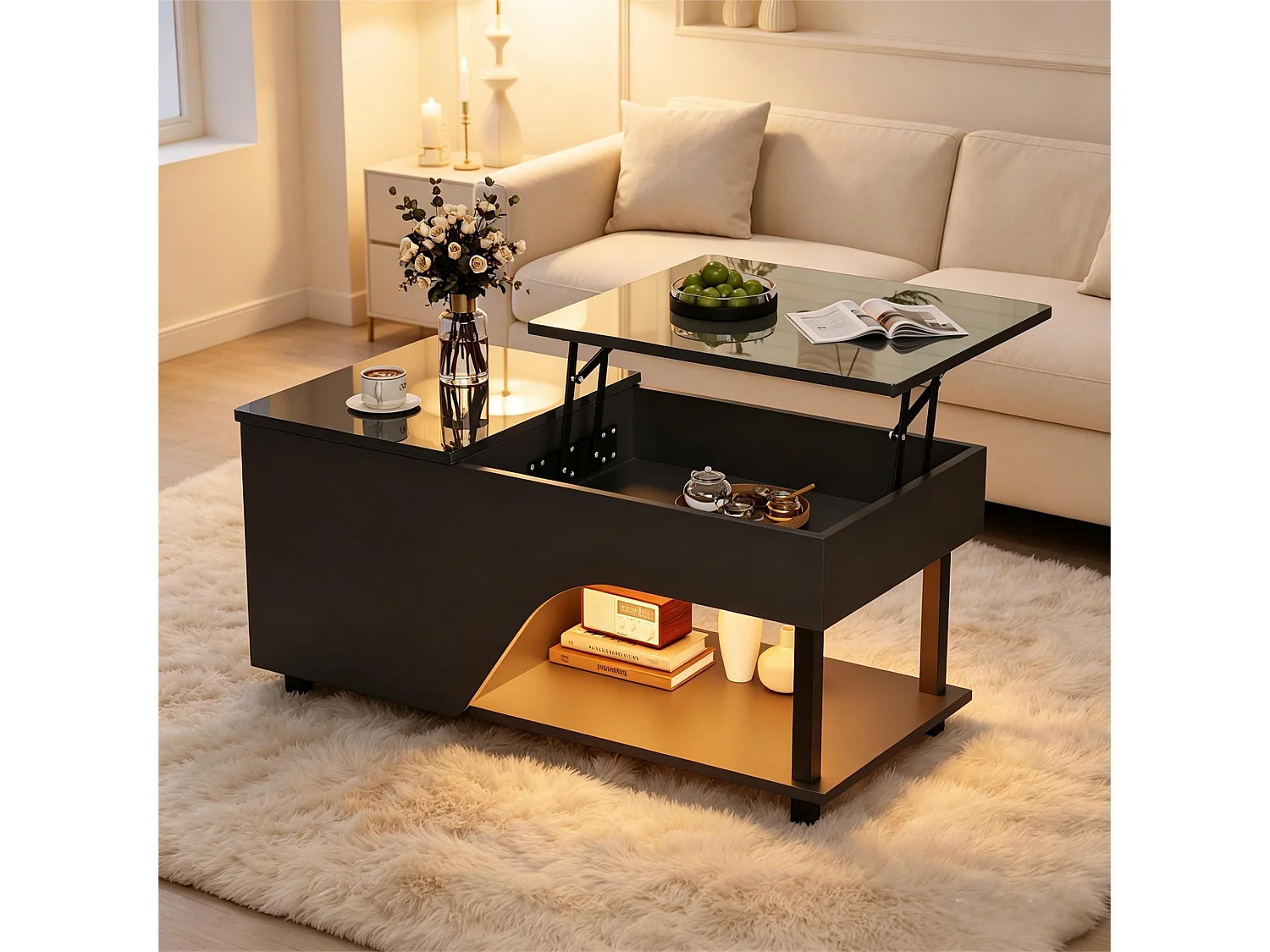 Hochglanzlackierter Couchtisch mit Hubfunktion – 100 x 50 x 46 cm – mit verdecktem Stauraum, LED-Beleuchtung und Ablage – Spanplatte – schwarz