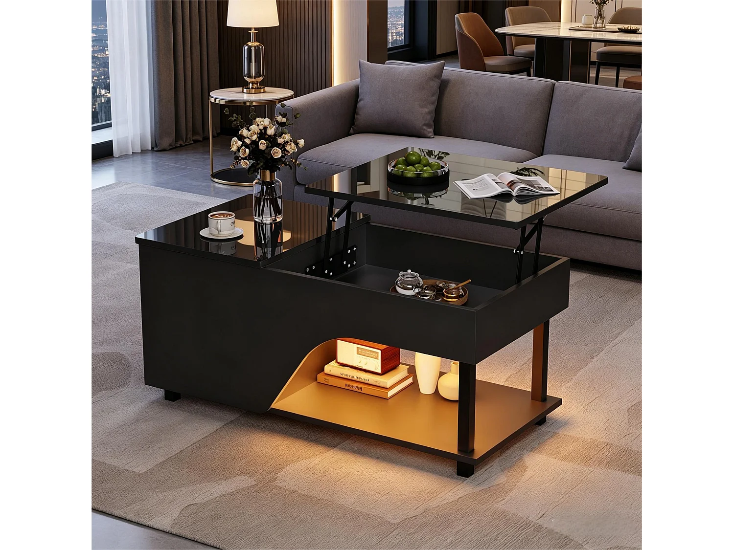 Hochglanzlackierter Couchtisch mit Hubfunktion – 100 x 50 x 46 cm – mit verdecktem Stauraum, LED-Beleuchtung und Ablage – Spanplatte – schwarz