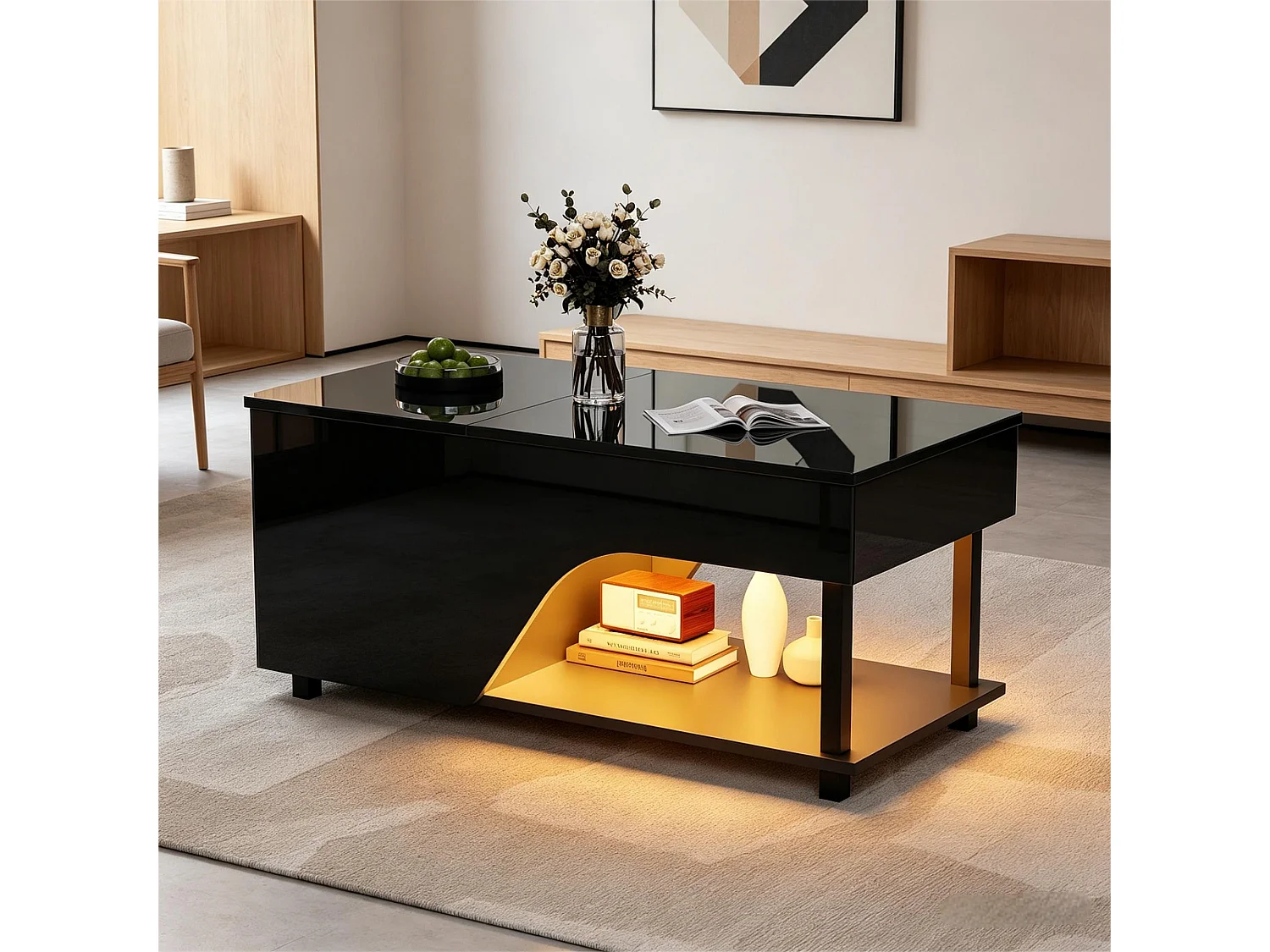 Hochglanzlackierter Couchtisch mit Hubfunktion – 100 x 50 x 46 cm – mit verdecktem Stauraum, LED-Beleuchtung und Ablage – Spanplatte – schwarz