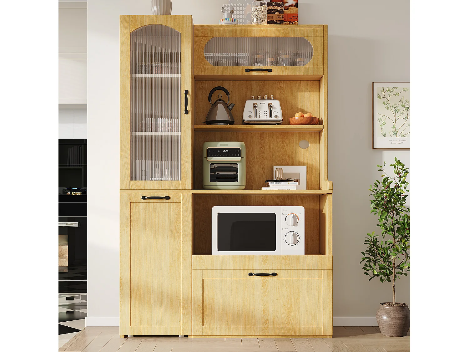 Hohes Küchen-Sideboard – 98 x 40 x 177 cm – mit verstellbaren Einlegeböden und Schubladen + Türen – MDF – natur
