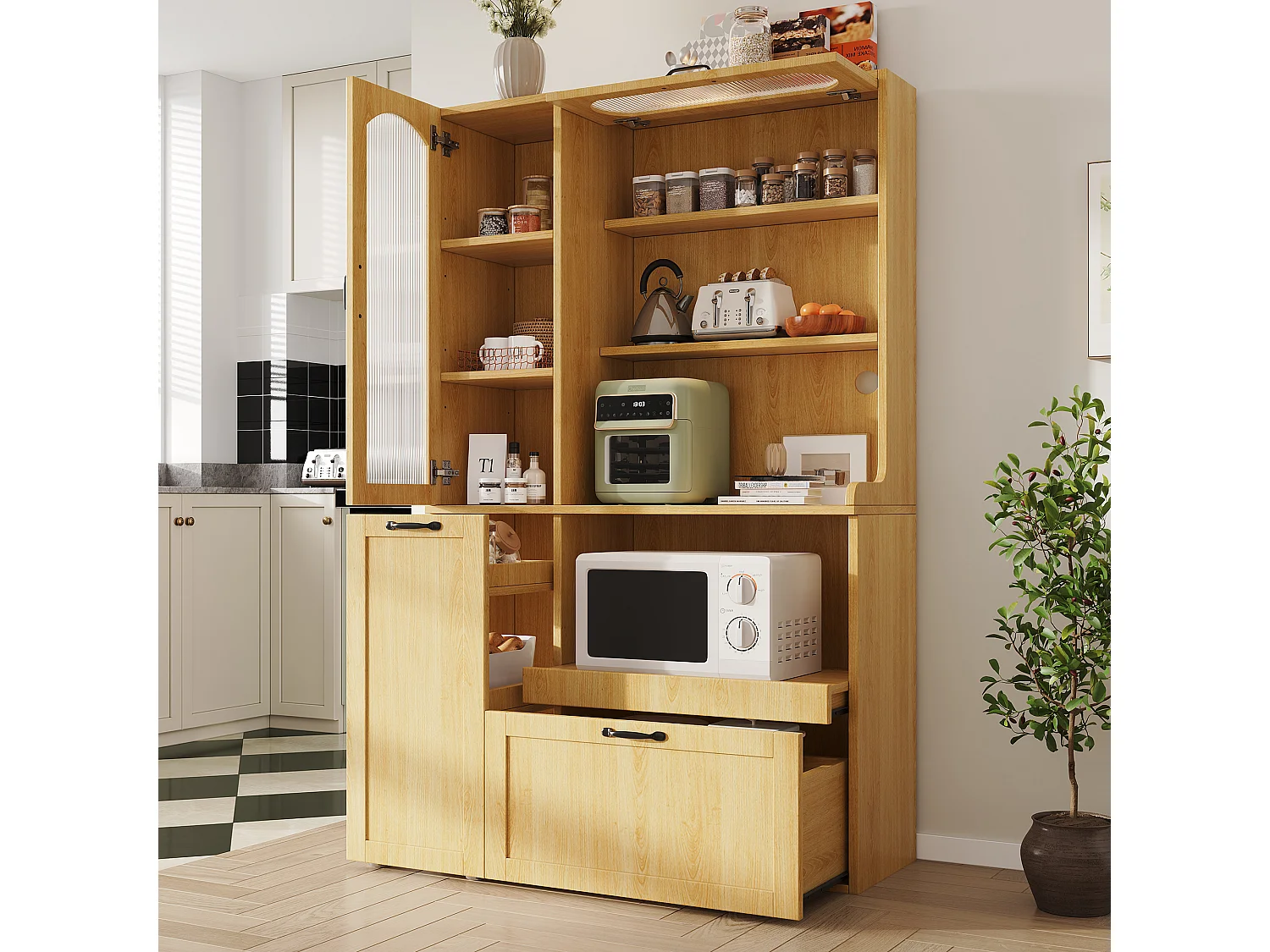 Hohes Küchen-Sideboard – 98 x 40 x 177 cm – mit verstellbaren Einlegeböden und Schubladen + Türen – MDF – natur