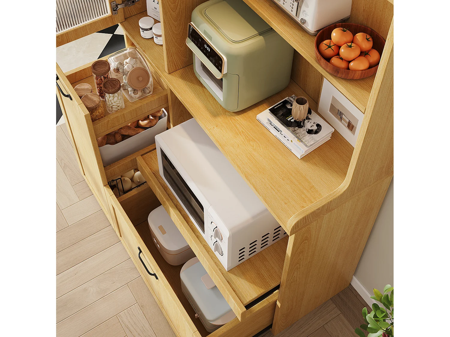 Hohes Küchen-Sideboard – 98 x 40 x 177 cm – mit verstellbaren Einlegeböden und Schubladen + Türen – MDF – natur