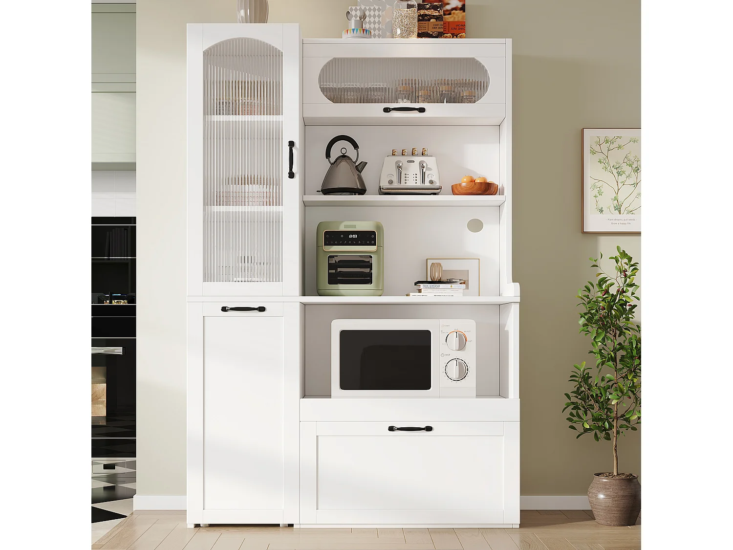 Hohes Küchen-Sideboard – 98 x 40 x 177 cm – mit verstellbaren Einlegeböden und Schubladen + Türen – MDF – weiß