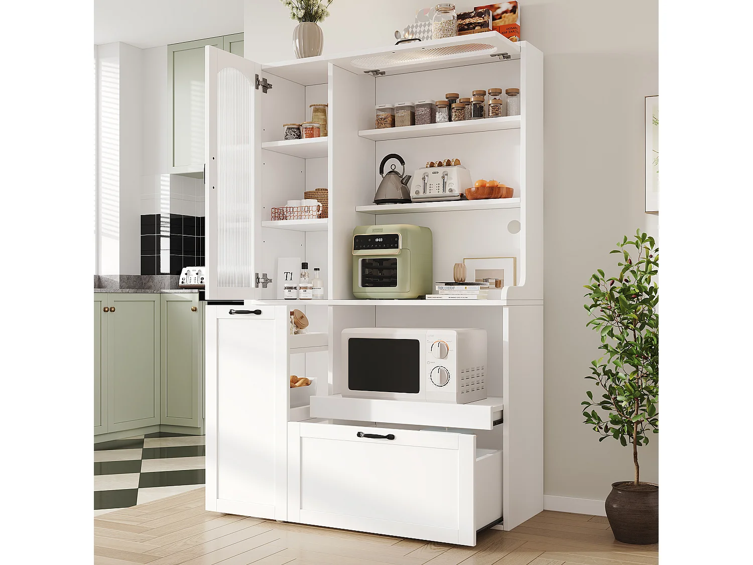 Hohes Küchen-Sideboard – 98 x 40 x 177 cm – mit verstellbaren Einlegeböden und Schubladen + Türen – MDF – weiß