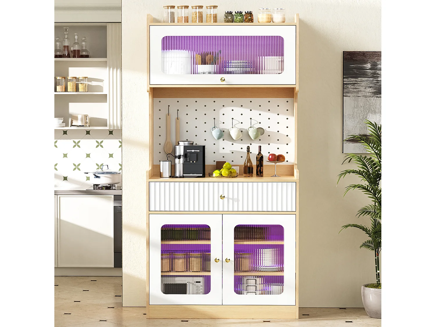 Hohes Küchen-Sideboard – 80 x 40 x 180 cm – mit Regalböden, Schublade, Glastüren und LED-Beleuchtung – MDF – weiß + natur