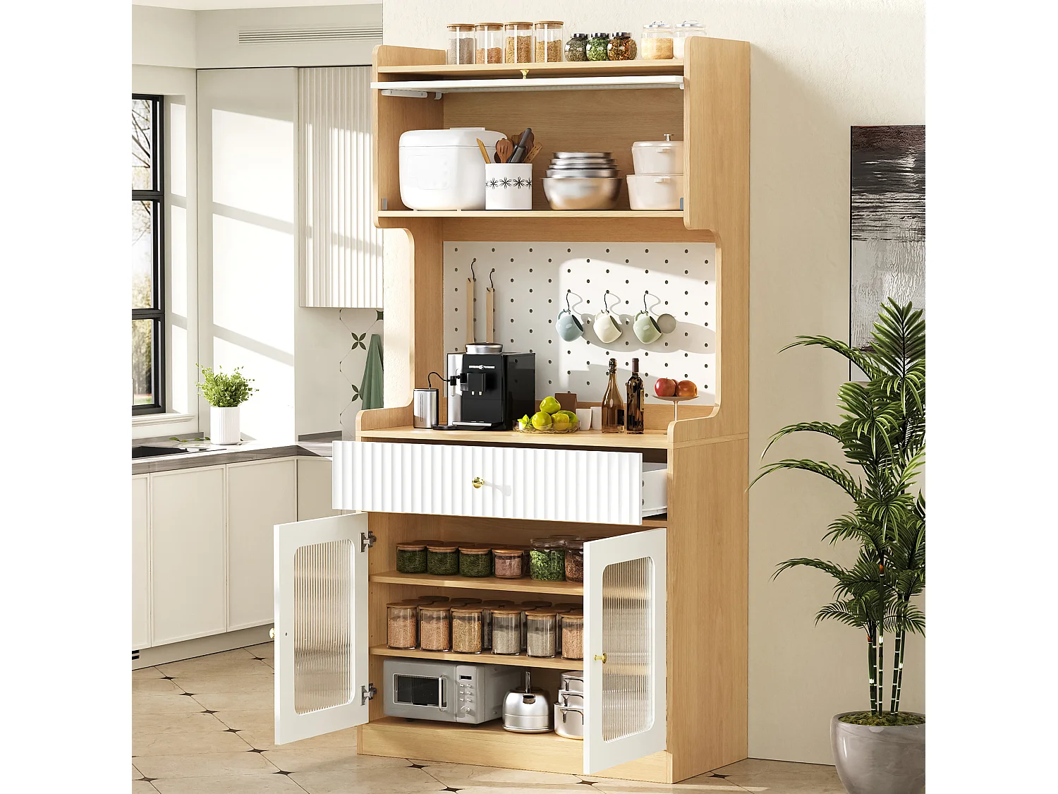 Hohes Küchen-Sideboard – 80 x 40 x 180 cm – mit Regalböden, Schublade, Glastüren und LED-Beleuchtung – MDF – weiß + natur