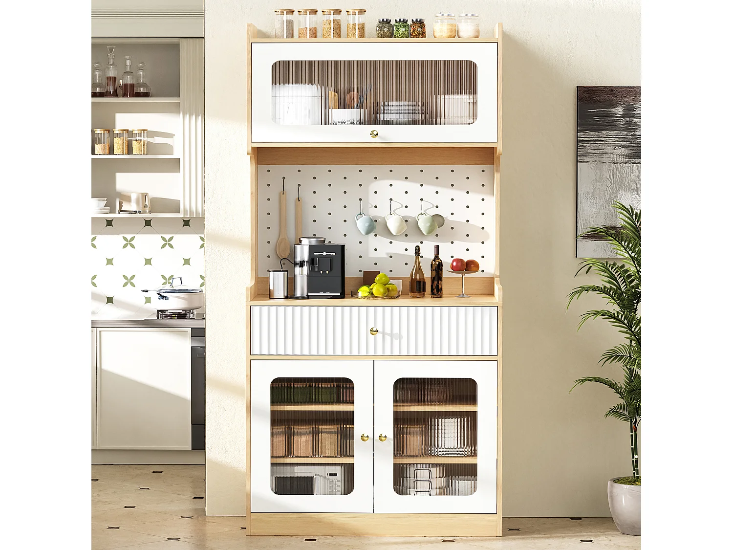 Hohes Küchen-Sideboard – 80 x 40 x 180 cm – mit Regalböden, Schublade, Glastüren und LED-Beleuchtung – MDF – weiß + natur