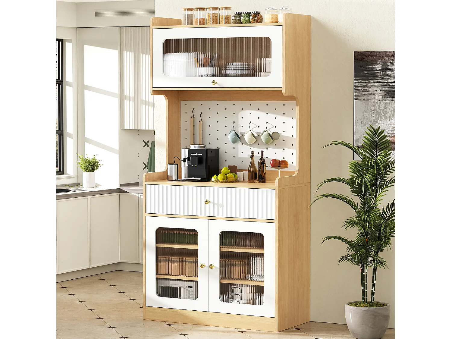 Hohes Küchen-Sideboard – 80 x 40 x 180 cm – mit Regalböden, Schublade, Glastüren und LED-Beleuchtung – MDF – weiß + natur