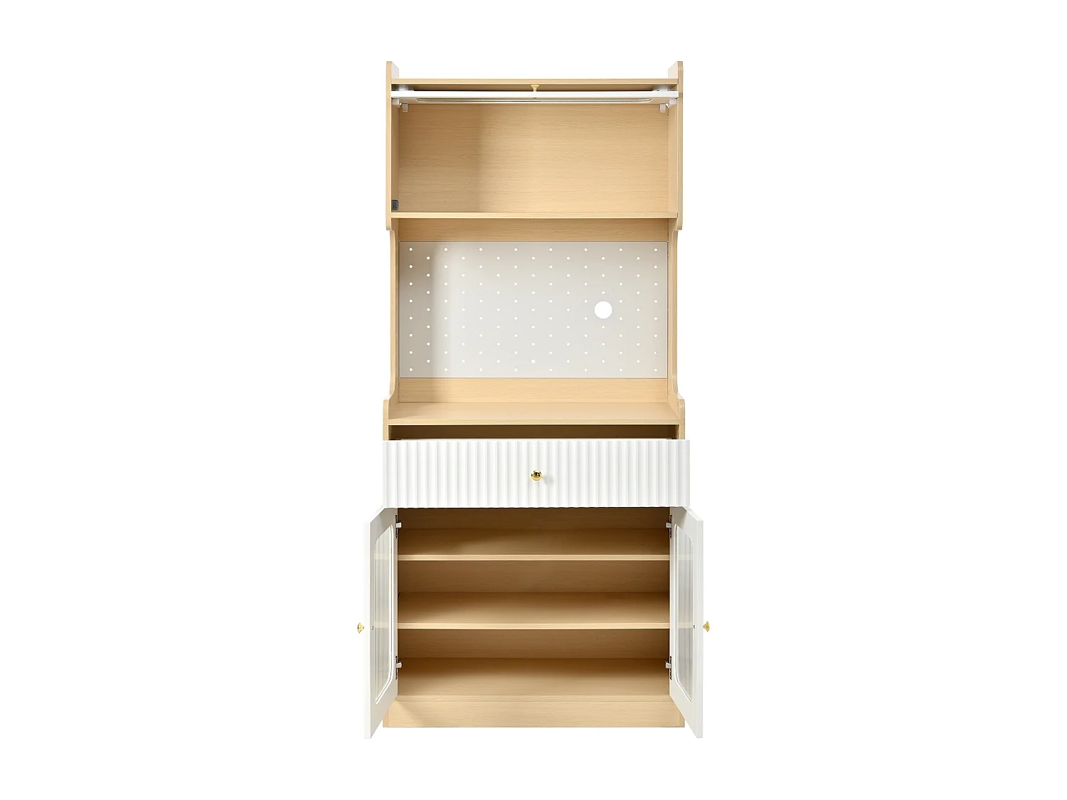 Hohes Küchen-Sideboard – 80 x 40 x 180 cm – mit Regalböden, Schublade, Glastüren und LED-Beleuchtung – MDF – weiß + natur