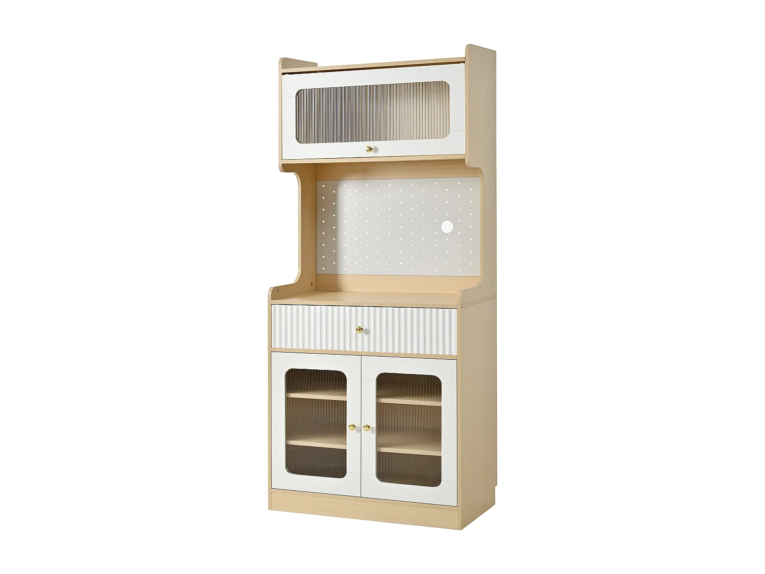 Hohes Küchen-Sideboard – 80 x 40 x 180 cm – mit Regalböden, Schublade, Glastüren und LED-Beleuchtung – MDF – weiß + natur