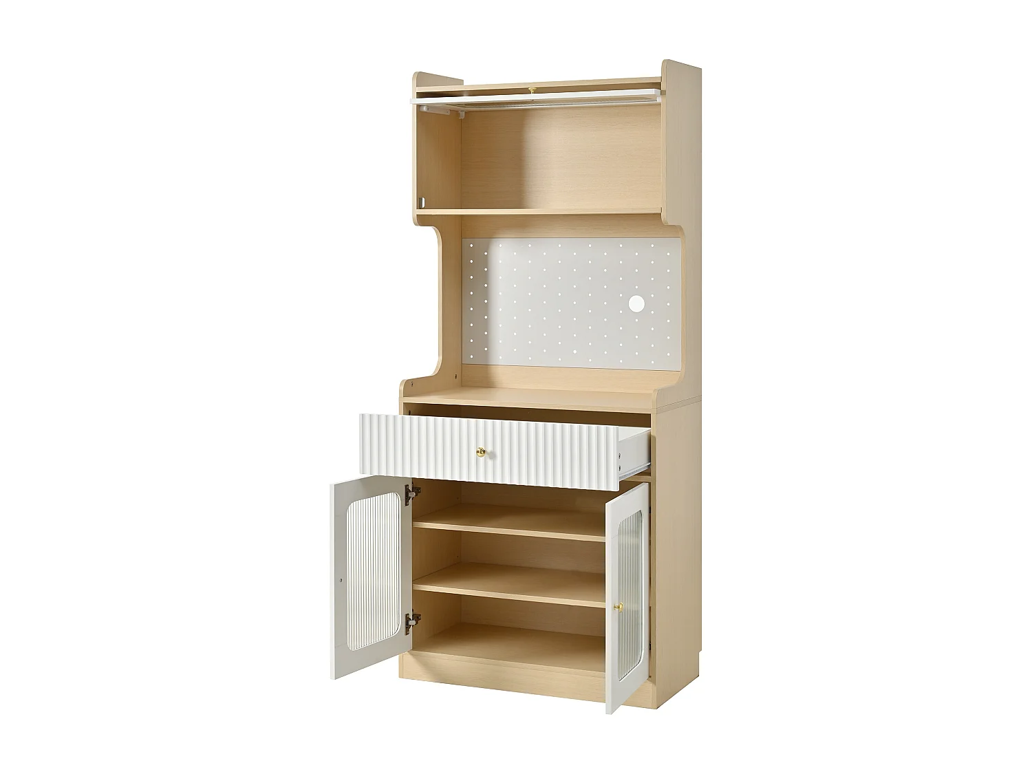 Hohes Küchen-Sideboard – 80 x 40 x 180 cm – mit Regalböden, Schublade, Glastüren und LED-Beleuchtung – MDF – weiß + natur