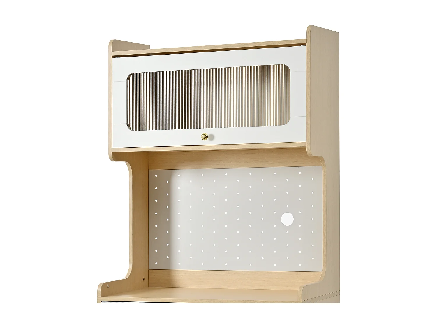 Hohes Küchen-Sideboard – 80 x 40 x 180 cm – mit Regalböden, Schublade, Glastüren und LED-Beleuchtung – MDF – weiß + natur