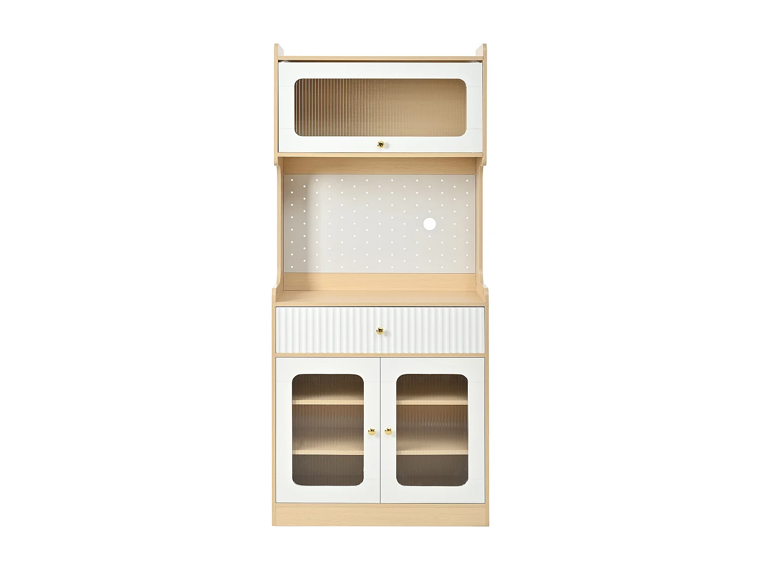 Hohes Küchen-Sideboard – 80 x 40 x 180 cm – mit Regalböden, Schublade, Glastüren und LED-Beleuchtung – MDF – weiß + natur