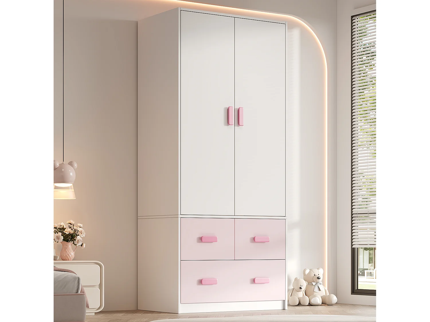 Armoire de chambre pour enfant - 80 x 48 x 180 cm - avec tringle + 3 tiroirs - MDF - rose + blanc