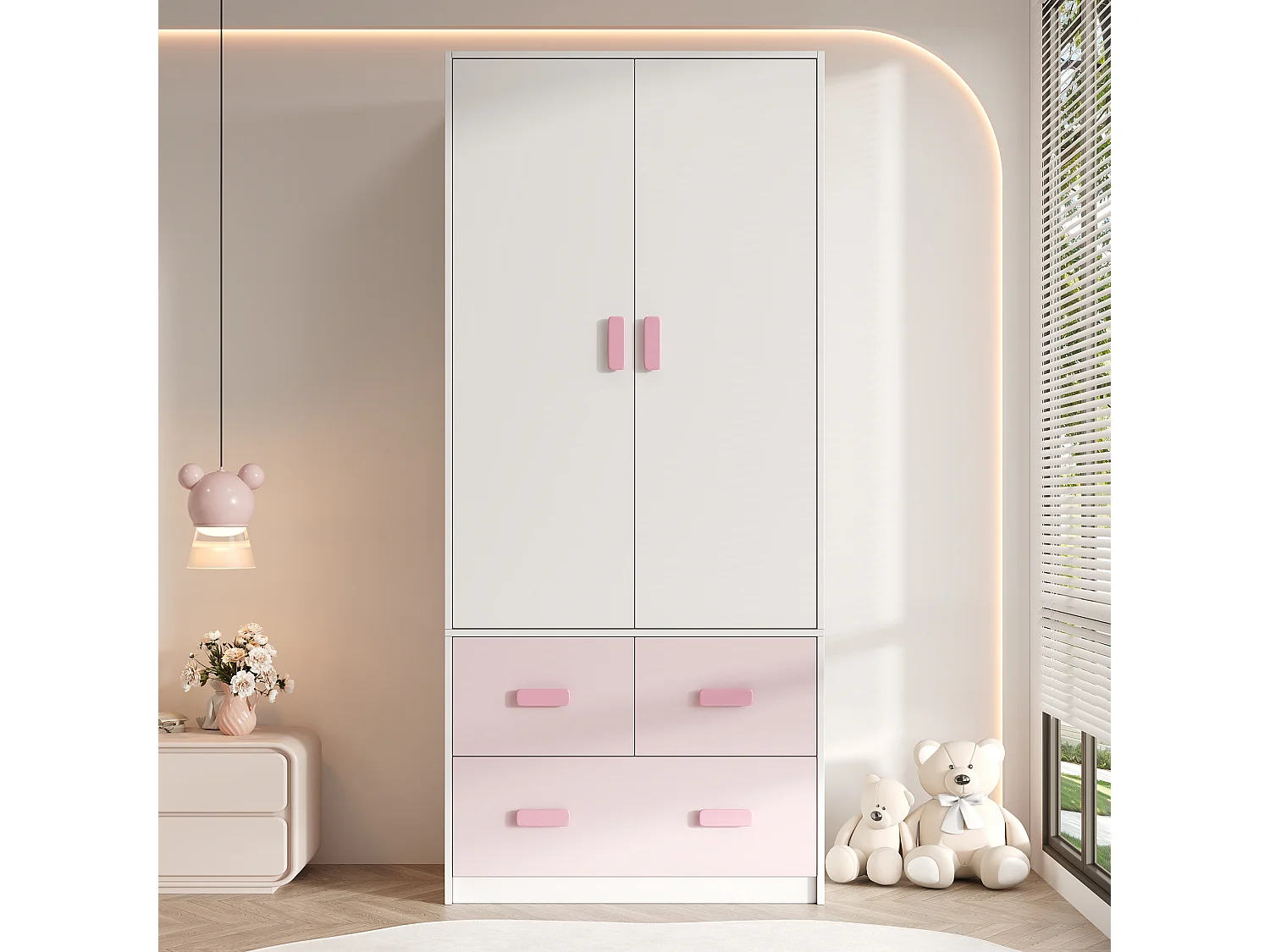 Armoire de chambre pour enfant - 80 x 48 x 180 cm - avec tringle + 3 tiroirs - MDF - rose + blanc