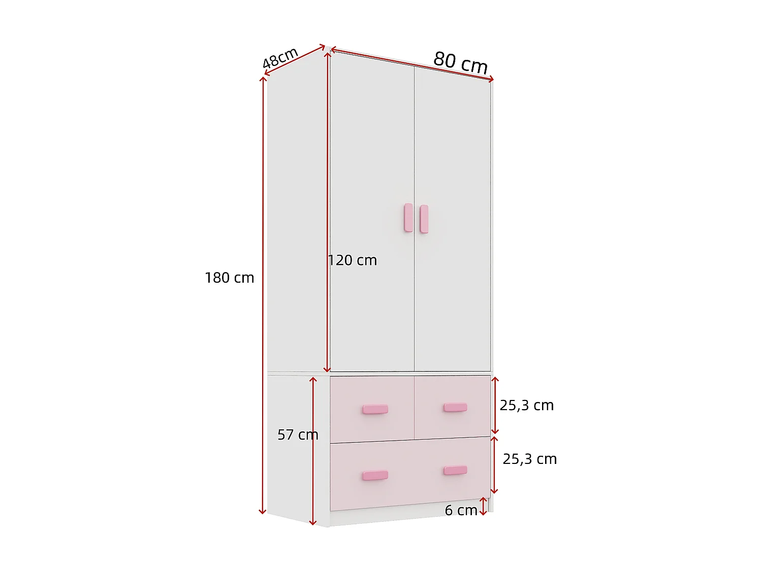 Armoire de chambre pour enfant - 80 x 48 x 180 cm - avec tringle + 3 tiroirs - MDF - rose + blanc