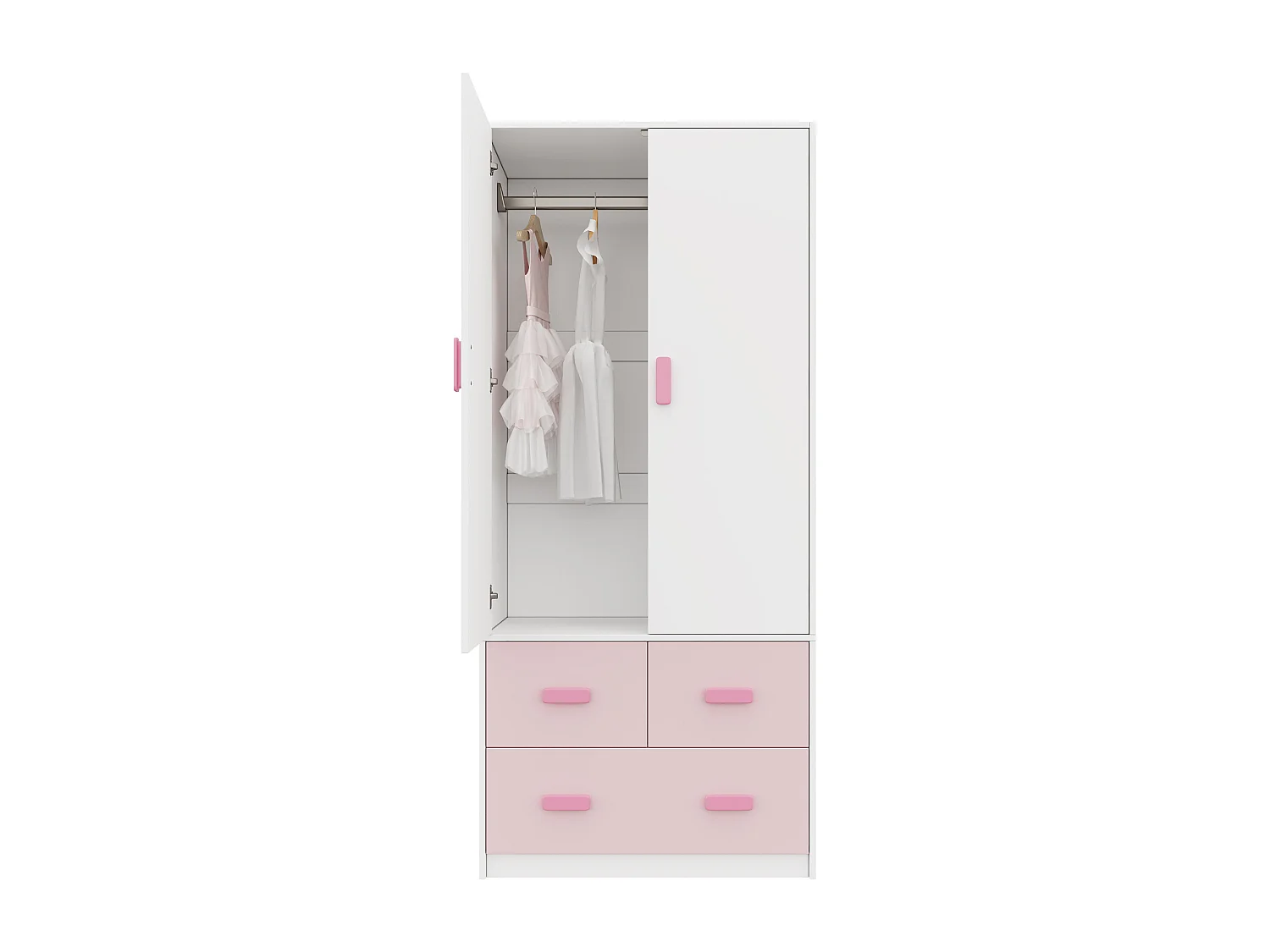 Armoire de chambre pour enfant - 80 x 48 x 180 cm - avec tringle + 3 tiroirs - MDF - rose + blanc