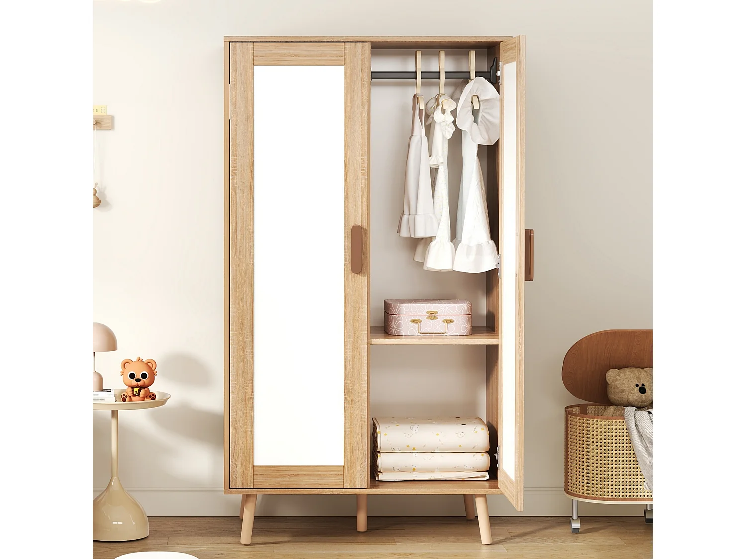 Armoire de chambre pour enfant - 80 x 46 x 141.5 cm - avec 2 portes - aspect bois - MDF - naturel + blanc