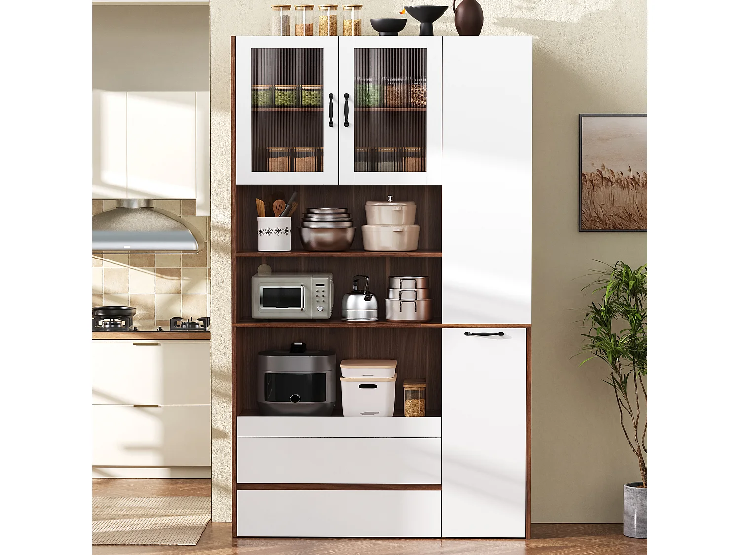 Buffet haut de cuisine - 100 x 40 x 200 cm - avec étagères et tiroirs réglables + portes - MDF - blanc + marron