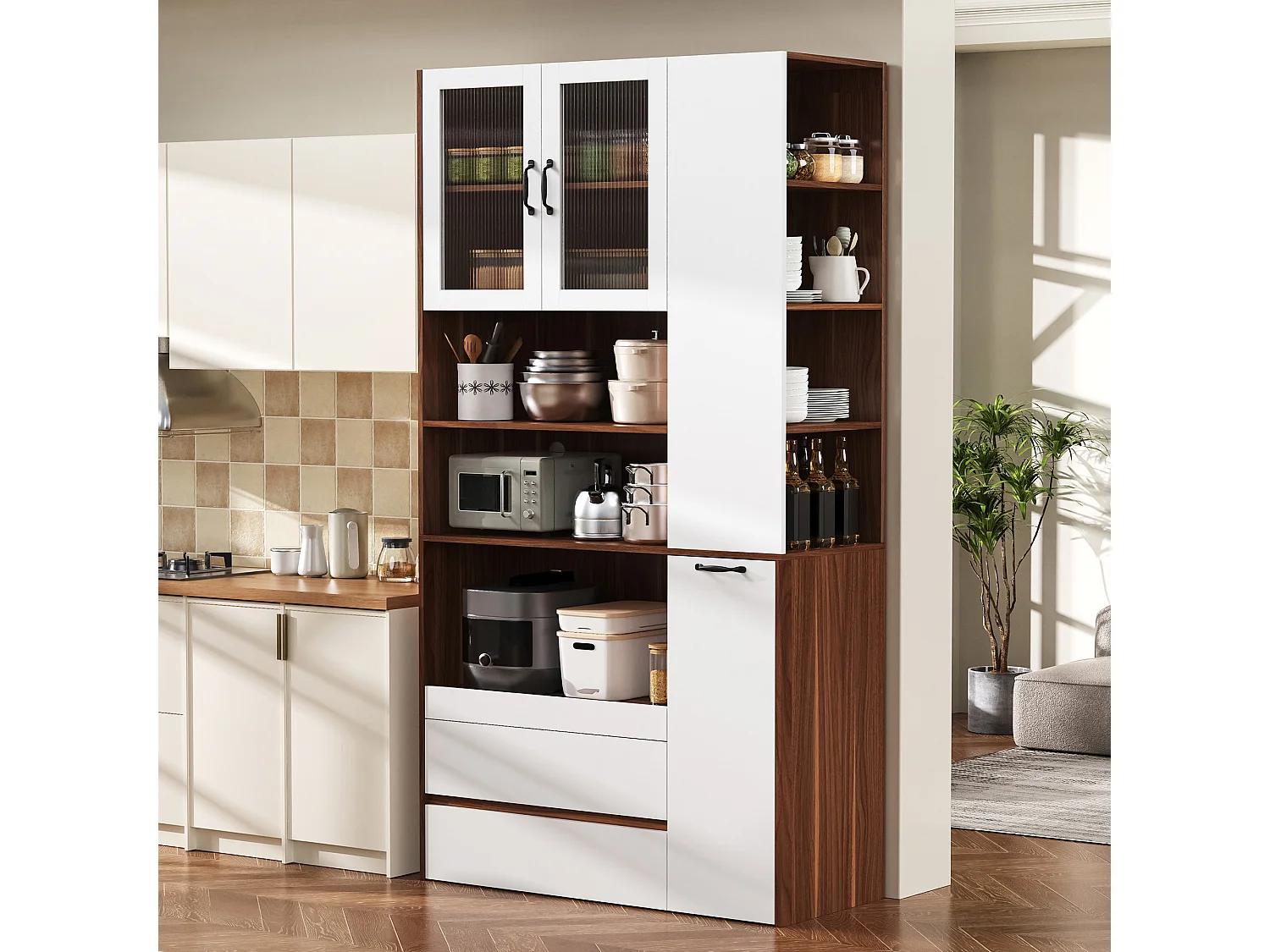 Buffet haut de cuisine - 100 x 40 x 200 cm - avec étagères et tiroirs réglables + portes - MDF - blanc + marron