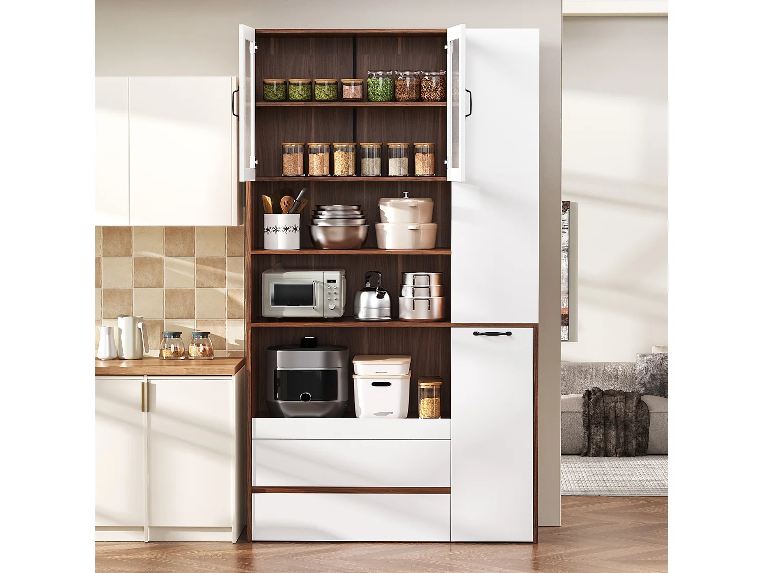 Buffet haut de cuisine - 100 x 40 x 200 cm - avec étagères et tiroirs réglables + portes - MDF - blanc + marron