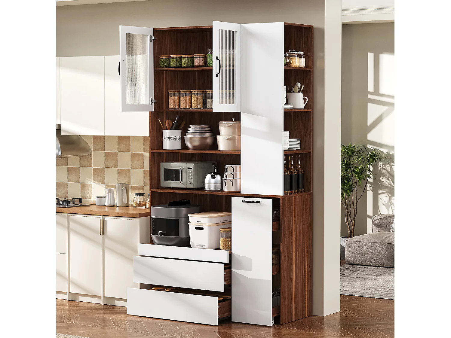 Buffet haut de cuisine - 100 x 40 x 200 cm - avec étagères et tiroirs réglables + portes - MDF - blanc + marron