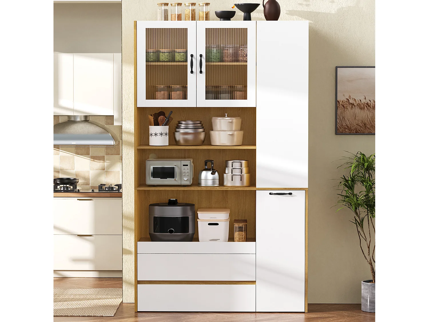 Hoog keukendressoir - 100 x 40 x 200 cm - met verstelbare planken en lades + deuren - MDF - wit + naturel