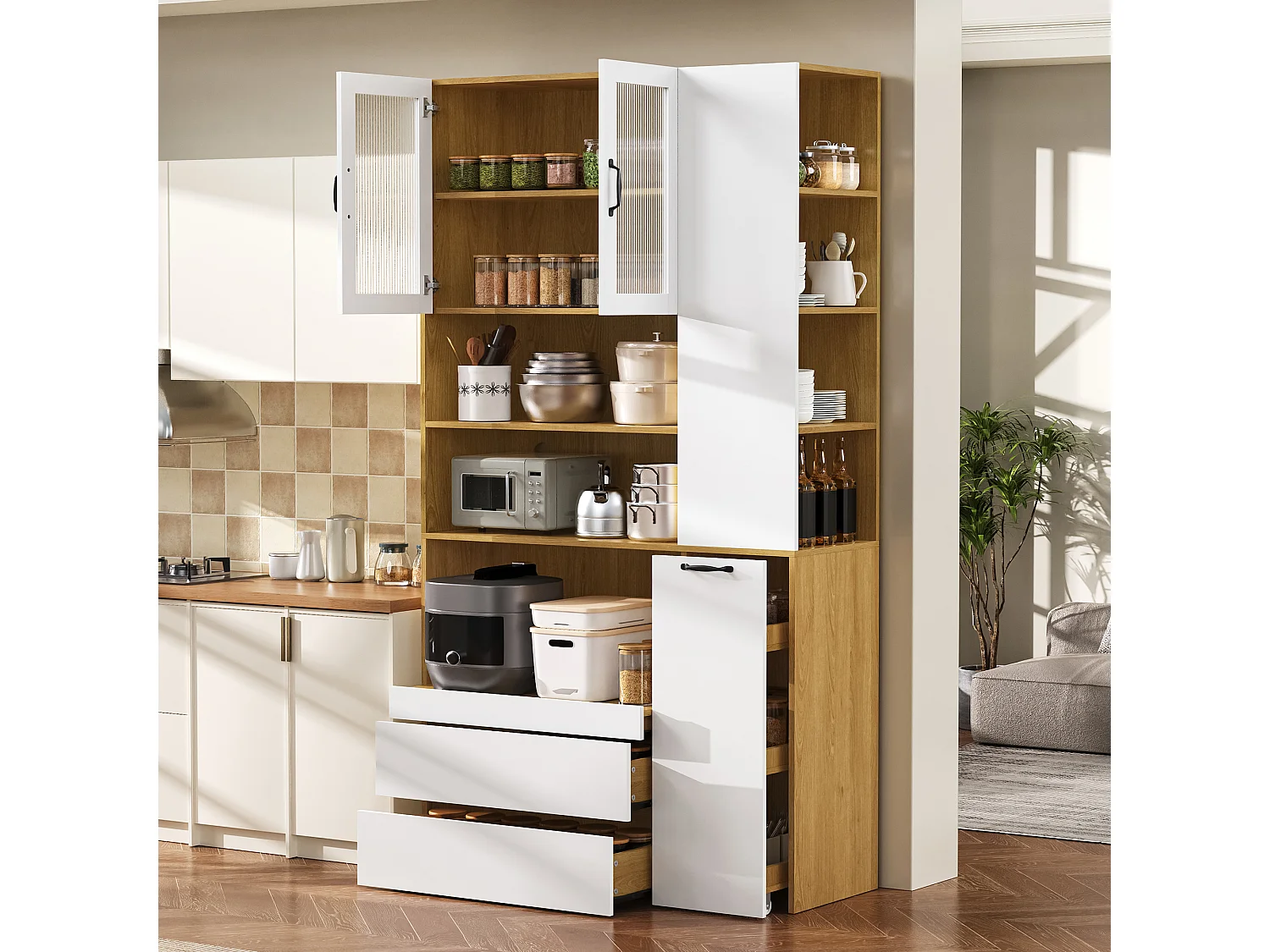 Hoog keukendressoir - 100 x 40 x 200 cm - met verstelbare planken en lades + deuren - MDF - wit + naturel